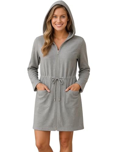 Morgenstern Bademantel Damen kurz Reißverschluss und Kapuze Grau Badejacke klein S Baumwolle Frauen weich frottee zipp kurz leicht von Morgenstern