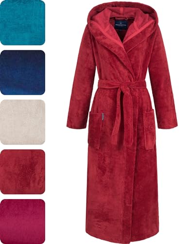 Morgenstern Bademantel Damen lang mit Kapuze Geena rot Größe XS langarm Frauen Morgenmantel Damenbademantel Baumwolle Microfaser Viskose von Morgenstern