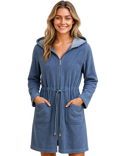 Morgenstern Bademantel Damen leicht Reißverschluss und Kapuze Blau L Baumwolle Hausmantel Frauen weich frottee zipp kurz leicht large von Morgenstern