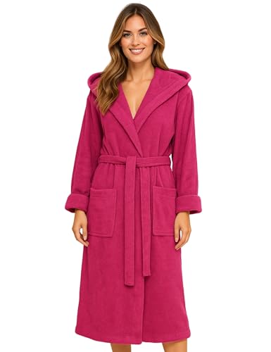 Morgenstern Bademantel Damen mit Kapuze 100% Baumwolle Frottee OEKO-TEX® Morgenmantel Marina Fuchsia Gr. L von Morgenstern