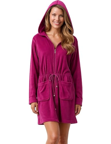 Morgenstern Bademantel Damen Sommer mit Reißverschluss und Kapuze Beere Kurzbademantel XL Baumwolle Frauen weich frottee zipp kurz Übergröße von Morgenstern