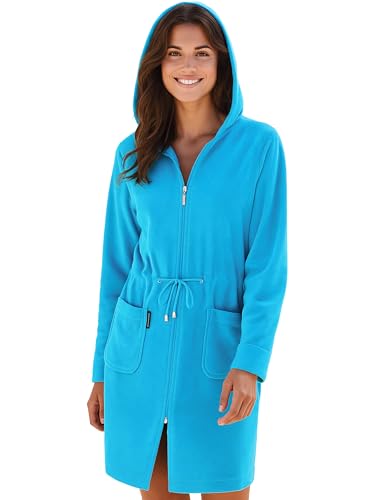 Morgenstern Bademantel Damen leicht Reißverschluss und Kapuze Türkis L Baumwolle Hausmantel Frauen weich frottee zipp kurz leicht large von Morgenstern