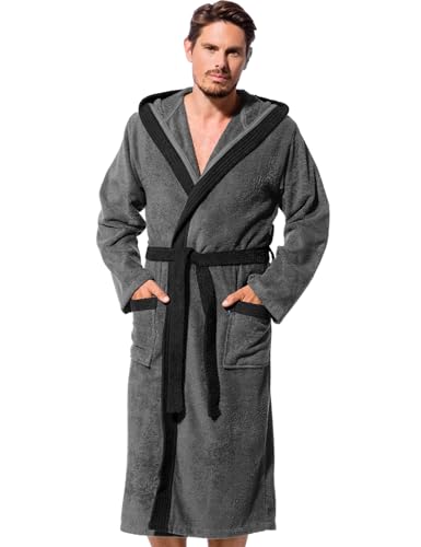 Morgenstern Bademantel Herren Baumwolle Frottee mit Kapuze Sauna Spa Lang Größe XL Grau Schwarz von Morgenstern