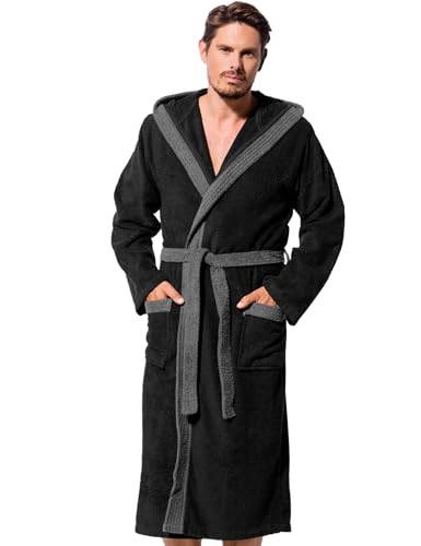 Morgenstern Bademantel Herren Baumwolle Frottee mit Kapuze Sauna Spa Lang Größe XXL Schwarzgrau/Grau von Morgenstern