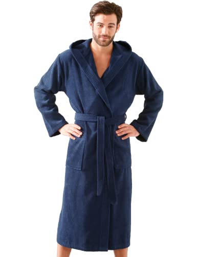 Morgenstern Bademantel Herren mit Kapuze Frottee Dunkelblau weich Bademantel Baumwolle Frotteebademantel Saunamantel Männer wadenlang Größe XL Salamanca von Morgenstern