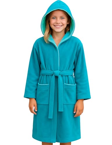 Morgenstern Bademantel mit Kapuze Kinder & Teenager Jungen Mädchen 100% Baumwolle Frottee OEKO-TEX® Kinderbademantel Morgenmantel 9-10 Jahre, Größe: 134-140, Petrol von Morgenstern