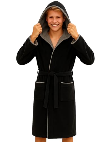 Morgenstern Bademantel mit Kapuze Kinder & Teenager Jungen Mädchen 100% Baumwolle Frottee OEKO-TEX® Kinderbademantel Morgenmantel 13-14 Jahre, Größe: 158-164, Schwarz von Morgenstern
