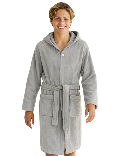 Morgenstern Bademantel Kinder & Teenager Mädchen Jungen 100% Baumwolle Frottee mit Kapuze OEKO-TEX® Kinderbademantel Morgenmantel Größe 146-152, Grau von Morgenstern