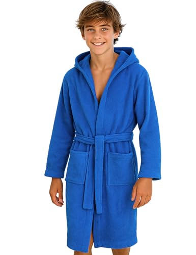 Morgenstern Bademantel Kinder & Teenager Mädchen Jungen 100% Baumwolle Frottee mit Kapuze OEKO-TEX® Kinderbademantel Morgenmantel Größe 146-152, Mittelblau von Morgenstern