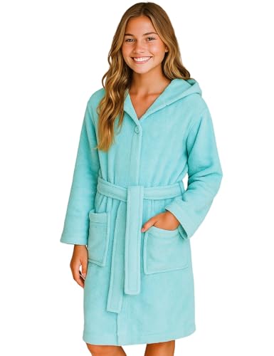 Morgenstern Bademantel Kinder & Teenager Mädchen Jungen 100% Baumwolle Frottee mit Kapuze OEKO-TEX® Kinderbademantel Morgenmantel Größe 146-152, Türkis von Morgenstern