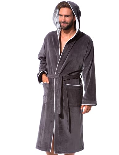 Morgenstern Bademantel Herren Kapuze 100% Baumwolle Frottee OEKO-TEX Velours Morgenmantel Lang Finn Anthrazit/Hellgrau M von Morgenstern