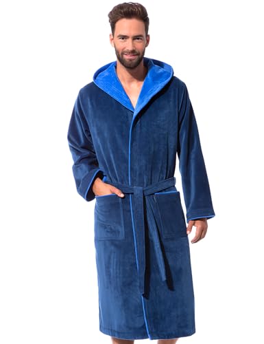 Morgenstern Bademantel Herren Kapuze 100% Baumwolle Frottee OEKO-TEX Velours Morgenmantel Lang Finn Blau XXL von Morgenstern