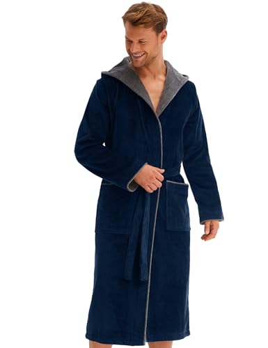 Morgenstern Bademantel Herren Kapuze 100% Baumwolle Frottee OEKO-TEX Velours Morgenmantel Lang Finn Navy Blau XL von Morgenstern