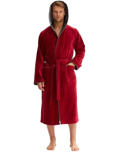 Morgenstern Bademantel Herren Kapuze 100% Baumwolle Frottee OEKO-TEX Velours Morgenmantel Lang Finn Dunkelrot L von Morgenstern