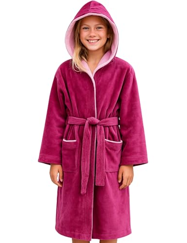 Morgenstern Bademantel mit Kapuze Kinder & Teenager Jungen Mädchen 100% Baumwolle Frottee OEKO-TEX® Kinderbademantel Morgenmantel 9-10 Jahre, Größe: 134-140, Fuchsia von Morgenstern