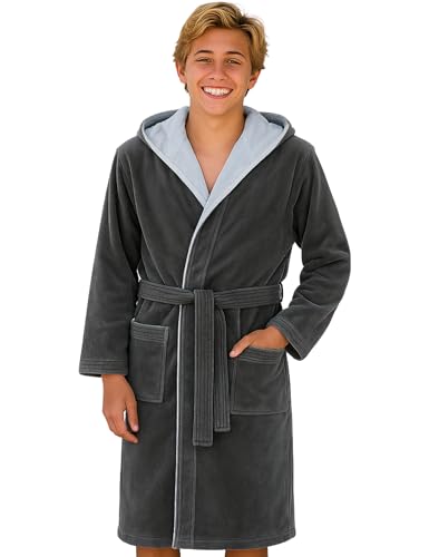 Morgenstern Bademantel mit Kapuze Kinder & Teenager Jungen Mädchen 100% Baumwolle Frottee OEKO-TEX® Kinderbademantel Morgenmantel 15-16 Jahre, Größe: 170-176, Grau/Hellgrau von Morgenstern