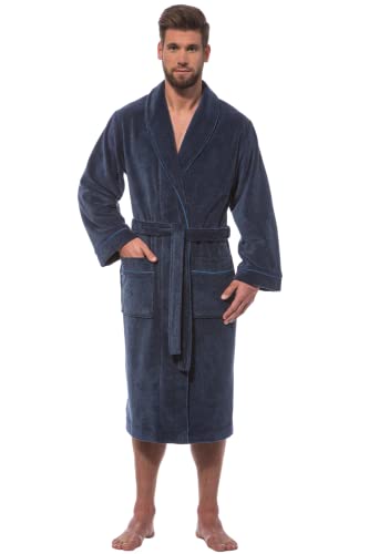 Morgenstern Herren Bademantel Alex mit Schalkragen in Marine-Blau Herren Duschmantel lang Männer Baumwolle Polyester Grösse Medium von Morgenstern