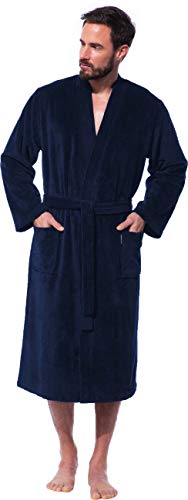 Morgenstern Herren Bademantel Kimono in Blau Männer Baumwolle Microfaser Viskose wadenlang leicht Größe XL Badekimono Herrenbademantel gr von Morgenstern