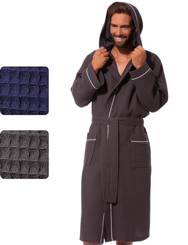 Morgenstern Waffelpique Bademantel Herren Anthrazit wadenlang Männer Morgenmantel Kapuze Größe M Saunamantel Duschmantel zweifarbig einfarbig grey von Morgenstern
