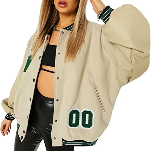 Morken Bomberjacke Damen Sweatjacke Ladies College Sweat Jacket Reißverschluss Für Frauen Oversized Patchwork Jacke Vintage Druck Jacken Baseball Mantel, Z1 Aprikose, M von Morken