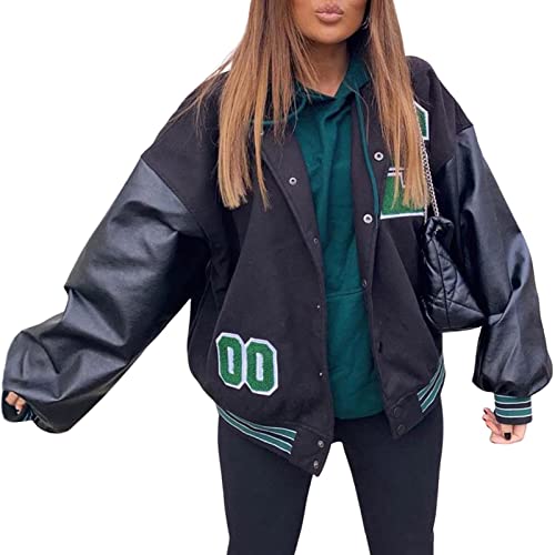 Morken Bomberjacke Damen Sweatjacke Ladies College Sweat Jacket Reißverschluss Für Frauen Oversized Patchwork Jacke Vintage Druck Jacken Baseball Mantel, Z1 Grün, L von Morken