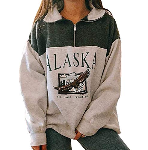 Morken Sweatshirts für Damen Mode Alaska Langarmshirt Pullover Hip Hop Tops Sweater Rundhals Langarm Sweatshirt Reißverschluss Casual Pulli Grün M von Morken