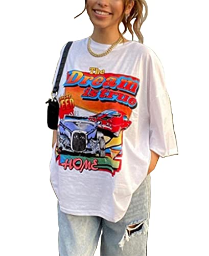 Oberteile Damen Vintage Pull Oversized Tshirt Sonne Mond Motiv Sportshirt Kurzarm Sport Oberteile Vintage Sweatshirt Rundhals Teenager Mädchen Top Lang von Morken