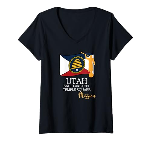 Damen Mormonische LDS-Mission in Utah, Salt Lake City, Tempelplatz T-Shirt mit V-Ausschnitt von Mormon Missionary Gifts LDS Designs
