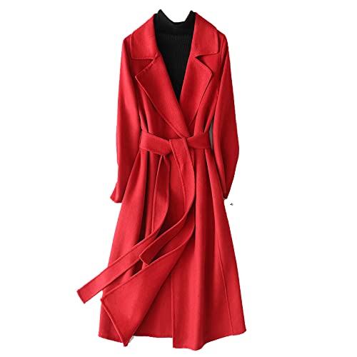 Damen 100% Wollmantel Vintage Dicker Solid Kaschmir Übermantel Schärpen Lange Outwear, rot, Large von Mornattt