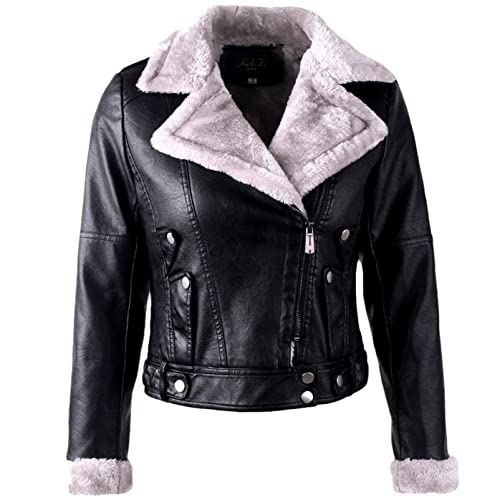 Damen Kunstpelz Jacke Herbst Winter Slim Kurz Motorrad Biker Jacke Basic Warm Plüsch Mantel, schwarz, Small von Mornattt