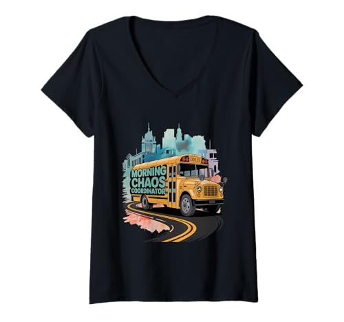 Damen Morning Chaos Coordinator Lustige Schulbus-Kunst T-Shirt mit V-Ausschnitt Damen Morning Chaos Coordinator Lustige Schulbus-Kunst T-Shirt mit V-Ausschnitt von Morning Routine Chaos Urban Life Bekleidung