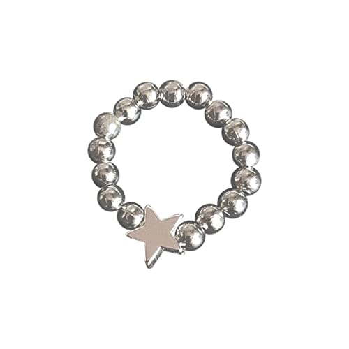 Morningmo - Silberfarbene Perlenringe, leicht und langlebig, Metallstern, Herz, rund, elastisch, für Frauen, einfach, verstellbar, Fingerschmuck, elastische Seilringe von Morningmo