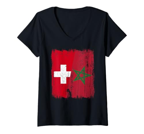 Damen Schweiz Marokko Halbflagge Schweiz Marokkanisches Erbe Trikot T-Shirt mit V-Ausschnitt von Morocco Flag Designs Proud Moroccan Roots