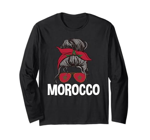 Patriotisches marokkanisches Mädchen unordentliche Haarknotenbekleidung Langarmshirt von Morocco Flag Designs Proud Moroccan Roots