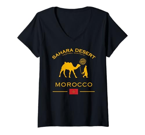 Damen Sahara Wüste Marokko Kamel Karawane Marokkanische Flagge T-Shirt mit V-Ausschnitt Damen Sahara Wüste Marokko Kamel Karawane Marokkanische Flagge T-Shirt mit V-Ausschnitt von Morocco Nomad Life Berber Heritage Souvenirs