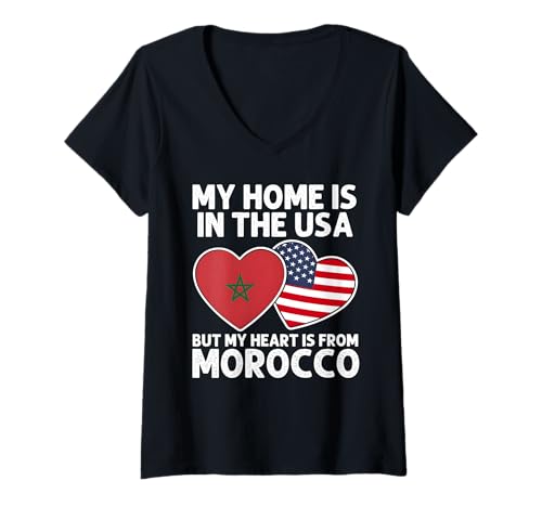 Damen My Home USA My Heart Marokko Marokkanische Amerikanische Stolz Flagge T-Shirt mit V-Ausschnitt Damen My Home USA My Heart Marokko Marokkanische Amerikanische Stolz Flagge T-Shirt mit V-Ausschnitt von Morocco Pride Flag Apparel