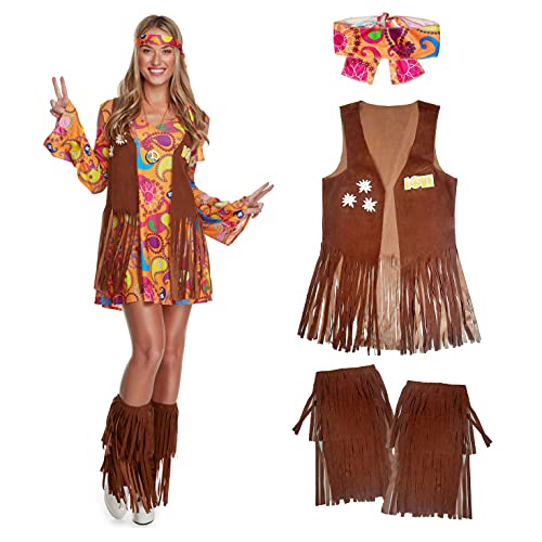 Morph Hippie Kostüm Damen, 70er Jahre Outfit Damen, 70er Jahre Bekleidung, Hippie Kleid, Schlagermove Outfit für Karneval, Fasching & Halloween, M von Morph