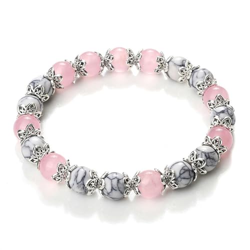 Weißer Stein Frauen Armband Metall Spacer Charm Natürliche Achate Rosa Rose Quarz Perlen Armbänder für Männer Schmuck-Rosa-Weiß von MorrEz