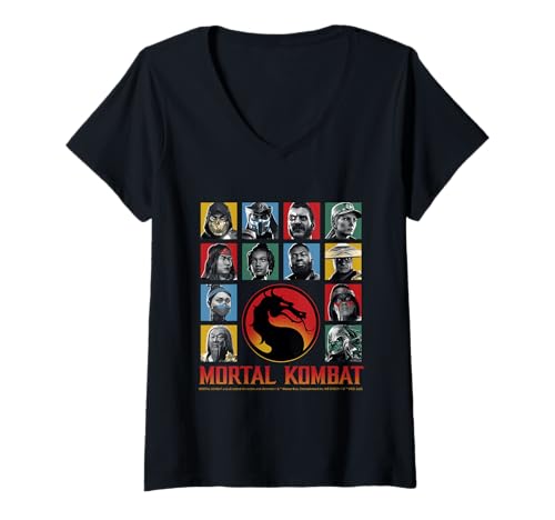 Damen Raster mit ikonischen Charakteren von Mortal Kombat Merch T-Shirt mit V-Ausschnitt von Mortal Combat