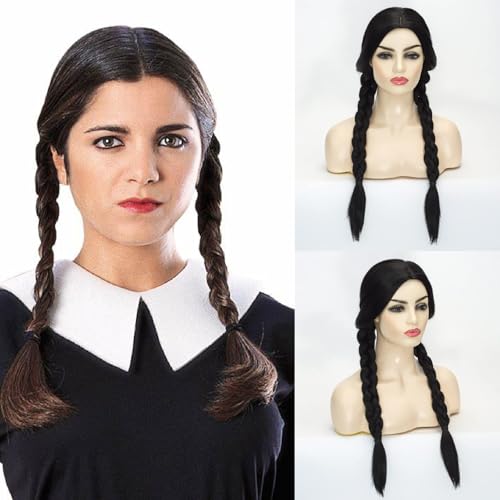 Morticia Long Straight Middle Parting Vorgeflochtene hitzebeständige Halloween-Kostümperücke (Schwarz) von MORTICIA