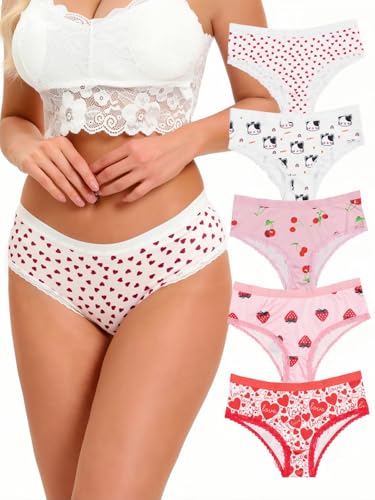 Morvia 5-teiliges Damen-Slip-Set mit Herzen, Kirsche und Erdbeere, Kontrast-Spitzenbesatz, Unterwäsche, reguläre und Übergröße, Mehrfarbig, M von Morvia