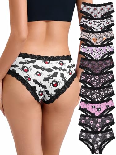 Morvia Damen Gothic Halloween Hipster Höschen Schwarz Spitzenbesatz 10er Pack Gruselige Muster Kollektion mit Fledermäusen Totenköpfen, 10 Stück Gothic, XL von Morvia