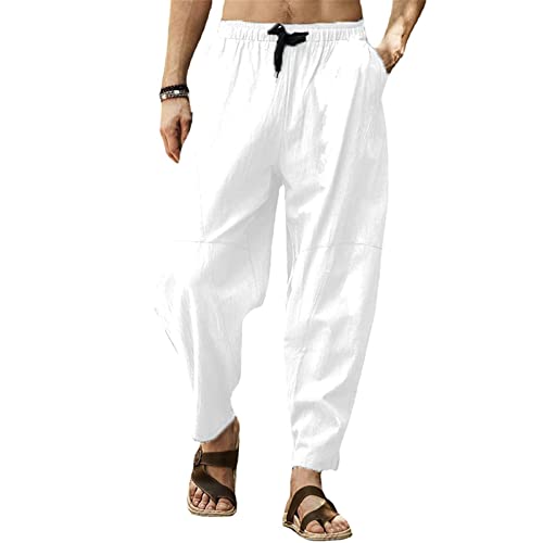 MorwenVeo Herren Baumwolle Leinen Hose Kordelzug Elastische Taille Yoga Strand Hose Casual Leichte Hippie Hose, Weiß, Mittel von MorwenVeo