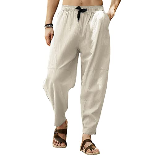 MorwenVeo Herren Baumwolle Leinen Hose Kordelzug Elastische Taille Yoga Strand Hose Casual Leichte Hippie Hose, beige, Mittel von MorwenVeo