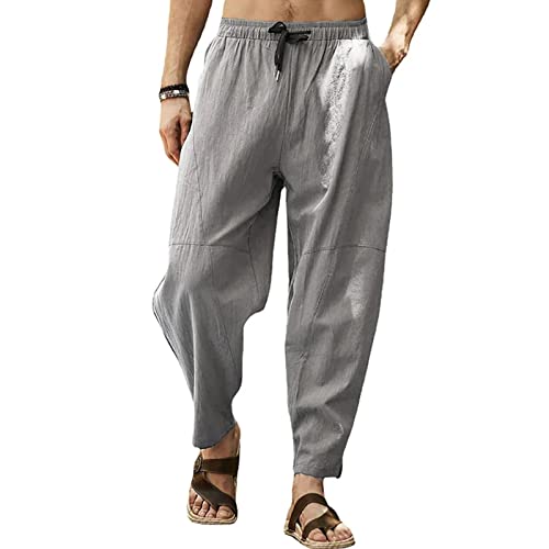 MorwenVeo Herren Baumwolle Leinen Hosen Kordelzug Elastische Taille Yoga Strand Hosen Casual Leichte Hippie Hosen, GRAU, Groß von MorwenVeo