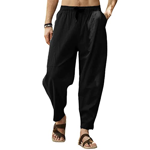 MorwenVeo Herren Baumwolle Leinen Hosen Kordelzug Elastische Taille Yoga Strand Hosen Casual Leichte Hippie Hosen, Schwarz A, Groß von MorwenVeo