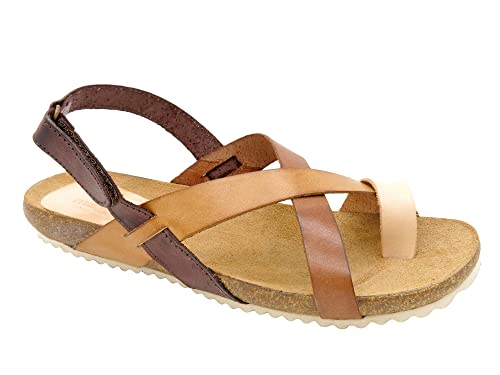 Damen Sandalen Leder Sommerschuhe Korksohle Echtleder Fußbett Klettverschluss Sandaletten flach offen Braun Größe 36 EU von Morxiva