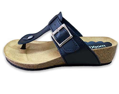 Morxiva Damen Leder Sandalen Zehentrenner Pantoletten Fußbett Keilabsatz (Schwarz, numeric_41) von Morxiva