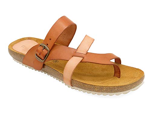 Morxiva Damen Sandalen Leder Pantoletten Korksohle Echtleder Fußbett Zehentrenner Sandaletten Slip-On Hausschuhe flach offen Braun Größe 37 EU von Morxiva