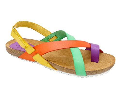 Morxiva Damen Sandalen Leder Sommerschuhe Korksohle Echtleder Fußbett Klettverschluss Sandaletten flach offen Mehrfarbig Größe 40 EU von Morxiva
